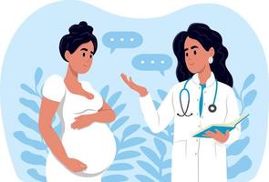uma mulher esperando uma bebê visitas a médicos escritório, exame durante gravidez. uma grávida mulher é falando para a obstetra ginecologista. consulta e exame durante gravidez conceito. vetor
