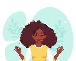 mulher negra meditando. estilo de vida saudável, ioga, meditação, relaxamento, recreação. ilustração vetorial. vetor