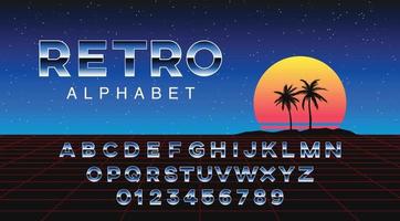 fonte retrowave futurista. letras metálicas gradientes listradas e números no fundo do espaço. alfabeto de ficção científica em estilo retrô dos anos 80. onda de sintetizador abc. vetor