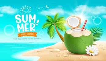 cocos fruta fresco e flor verão feriado, coco árvore, pilha do areia, em areia de praia fundo, eps 10 vetor ilustração