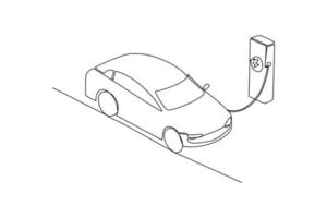 contínuo 1 linha desenhando elétrico carro às cobrando estação. elétrico carro conceito. solteiro linha desenhar Projeto vetor gráfico ilustração.