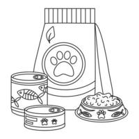 uma conjunto do elementos para animais, gatos, cães, comida, forragem, enlatado comida, peixe, uma prato com forragem. vetor