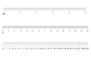 conjunto do Preto medindo horizontal escala do régua centímetros, polegadas com números , Tamanho indicadores unidade distâncias. themometer escala distância, altura ou comprimento medição matemática vetor