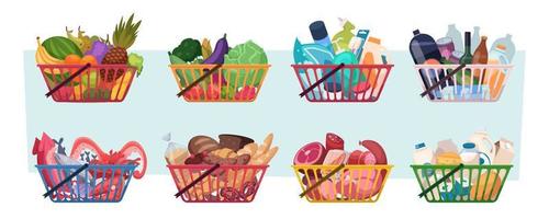 compras carrinhos. mercearia produtos a partir de mercado natural Comida frutas leite carne e legumes exato vetor mercearia cesta