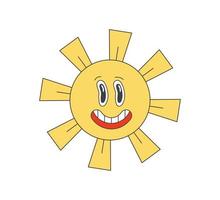 retro groovy funky louco Sol personagem. psicodélico hippie velho engraçado solar mascote. abstrato vintage hippie brilhante risonho adesivo. na moda ano 2000 pop cultura sorridente ensolarado símbolo Projeto. vetor trippy impressão