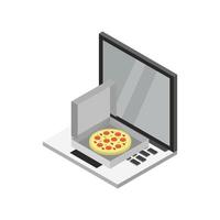 comprar pizza isométrica online no laptop vetor