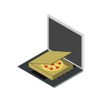 comprar pizza isométrica online no laptop vetor