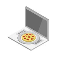 comprar pizza isométrica online no laptop vetor