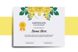 certificado modelo amarelo rosa flor aguarela digital mão desenhado vetor