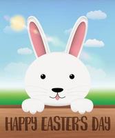 coelho branco em uma placa de madeira com feliz dia de páscoa vetor