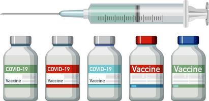 frascos de vacina e seringa em fundo branco vetor