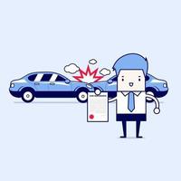 seguro automóvel em centro de serviço. empresário mostra o documento de proteção do carro. vetor de estilo de linha fina de personagem de desenho animado.