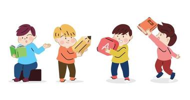 conjunto feliz fofa crianças estude lendo livro, segurando lápis e cubo. desenho animado mão desenhado personagem vetor isolado em branco fundo.