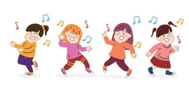 conjunto feliz fofa crianças menina dança junto. desenho animado mão desenhado personagem vetor isolado em branco fundo.