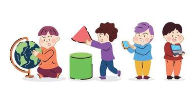 conjunto feliz fofa crianças estude fiação globo, jogando brinquedo, segurando Smartphone e computador portátil. desenho animado mão desenhado personagem vetor isolado em branco fundo.