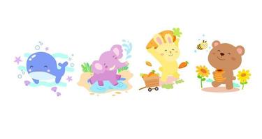conjunto do fofa animal personagem com baleia, elefante, Coelho e urso, coloração página. vetor