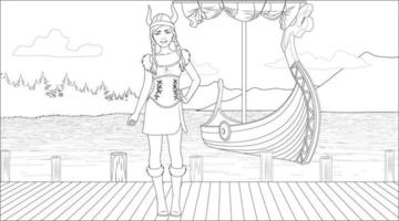 viking menina coloração página com uma navio fundo dentro a mar. vetor ilustração