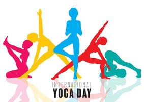 internacional ioga dia com colorida silhuetas do fêmeas dentro ioga poses vetor