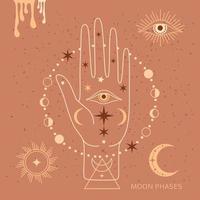 místico lua fases e mulher mão, alquimia esotérico Magia espaço, sagrado roda do a ano, vetor isolado em bege fundo
