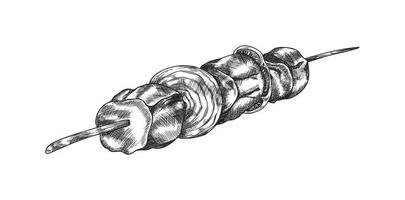 Kebab ou shashlik em espeto, mão desenhado esboço plano vetor ilustração isolado.