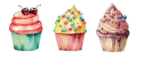 cupcake com creme. sorvete de ilustração em aquarela vetor