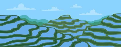 desenho animado terraço ásia arroz Campos panorama conceito. vetor