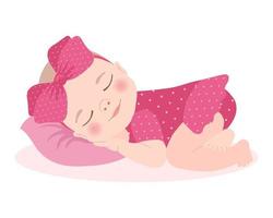 linda menina dormindo em um vestido rosa com um laço, menina recém-nascida. cartão infantil, impressão, vetor