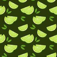 desatado padrão, colorida Lima fatias e folhas em uma verde fundo. fruta fundo, imprimir, têxtil, vetor