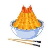 japonês tempura camarão, frito camarão dentro uma tigela com pauzinhos. ásia frutos do mar. ilustração, vetor