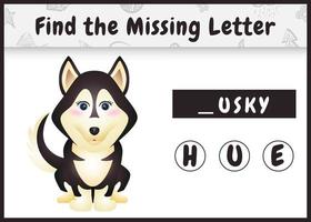 jogo educativo de soletração para crianças encontrar a letra que faltava com um lindo cão husky vetor