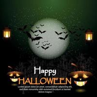 composição de lua de noite de halloween com abóbora brilhante, morcegos voando em fundo de terror vetor