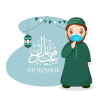 árabe islâmico caligráfico texto eid Mubarak com uma muçulmano homem vestindo mascarar congratula-se com em ocasião do eid. eid Mubarak conceito durante COVID-19. vetor