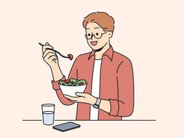 sorridente homem comer vegetal salada beber Claro água. feliz masculino Segue saudável dieta Cuidado sobre nutrição. vetor ilustração.