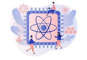 quantum Informática conceito. minúsculo pessoas engenheiros e cientistas trabalhando com grande quantum computador lasca. ótico tecnologia, fotônica pesquisar. moderno plano desenho animado estilo. vetor ilustração