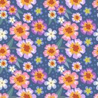 lindo fofa flores e folhas mão desenhar em Sombrio azul cor desatado padronizar para tecido têxtil papel de parede vetor