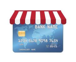 cartão de crédito azul com toldo de loja de compras vetor
