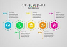 Linha do tempo infográfico multi colori hexágonos com linhas o negócio e produtos crescimento planejamento 5 anos. múltiplo ícones dentro a meio. cinzento gradiente fundo projetado para marketing, investir, finança. vetor