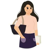 uma mulher aluna levar uma totebag e segurando papel ilustração vetor