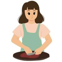 cozinhando mulher corte carne com uma faca ilustração vetor