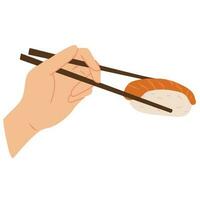 mão detém uma pauzinhos com Sushi sashimi ilustração vetor