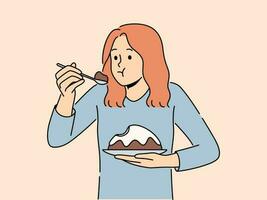 mulher comendo bolo sentindo-me culpado. frustrado menina enganação em dieta apreciar doce sobremesa. conceito do nutrição e culpado prazer. vetor ilustração.