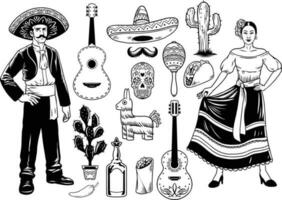 conjunto do mão desenhado vintage mexicano cultura objetos vetor