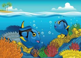 fofa desenho animado azul Espiga peixe nadar dentro a coral recife vetor