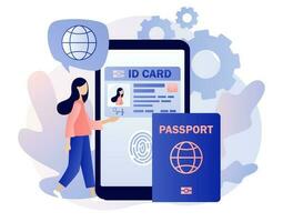 inteligente Eu iria cartão conceito. biométrico documentos dentro Smartphone aplicativo. digital Passaporte e motorista licença. eletrônico identidade cartão. moderno plano desenho animado estilo. vetor ilustração em branco fundo