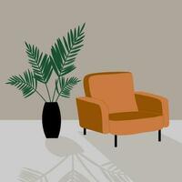 cadeirão. ilustração do a interior com a laranja cadeirão, uma planta de casa, e uma sombra queda a partir de objetos. uma quarto com cinzento paredes e brilhante estofado mobiliário. mão desenhado plano vetor gráficos