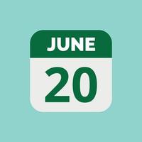 ícone de data do calendário de 20 de junho vetor