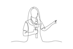 solteiro 1 linha desenhando jovem televisão apresentador mulher comunicando televisão notícias. notícia âncora conceito. contínuo linha desenhar Projeto gráfico vetor ilustração.