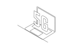 solteiro 1 linha desenhando 5g computador portátil. 5g tecnologia conceito. contínuo linha desenhar Projeto gráfico vetor ilustração.