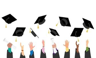 graduação bandeira Como Aprendendo conceito. mãos do alunos universidade graduados elevação ossos dentro ar segurando diploma a comemorar graduação vetor ilustração