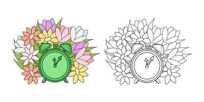 vetor ilustração coloração livro verde alarme relógio e Primavera flores em volta. a esboço Preto e branco desenhando e uma cor versão para a exemplo.